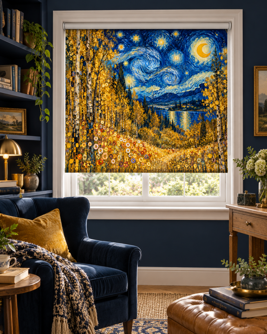Klimt × Van Gogh — Golden Forest Under Starry Skies Reimagined Printed Picture Roller Blind - RB1520 - Art Fever - Art Fever
