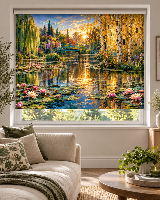 Monet × Klimt Water Lilies in Gold printed roller blind with Japanese bridge, lily pond and golden foliage