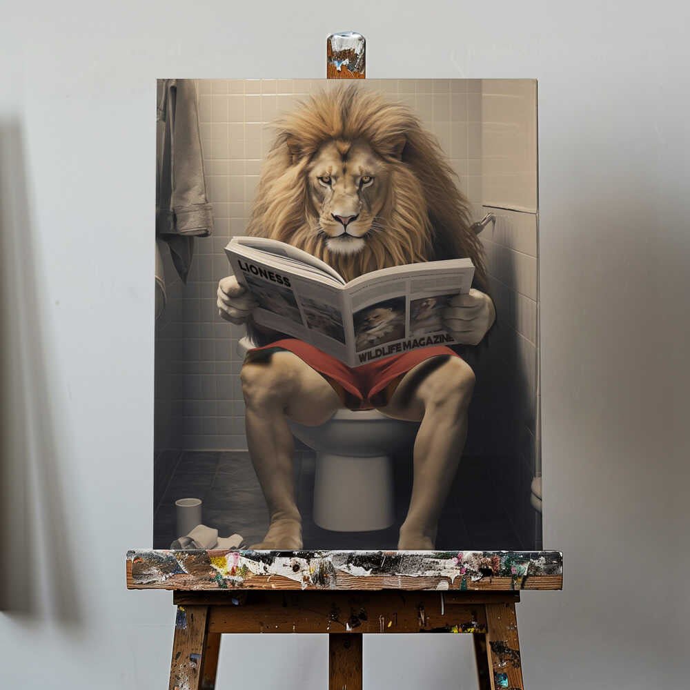 Lion Reading on the Toilet Canvas Print Wall Art 1X3133702 - ART FEVER - Art Fever