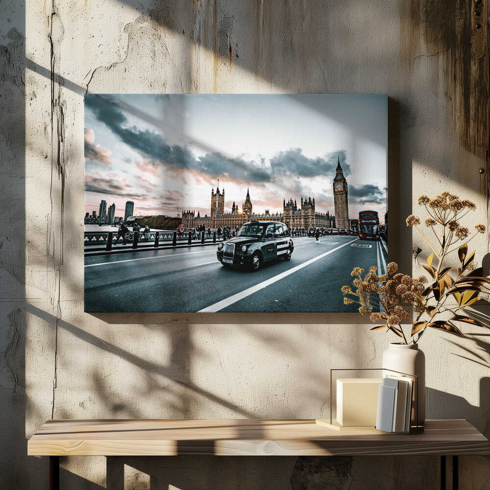 London Cab Sunset Canvas Print Wall Art 1X3161733 - ART FEVER - Art Fever