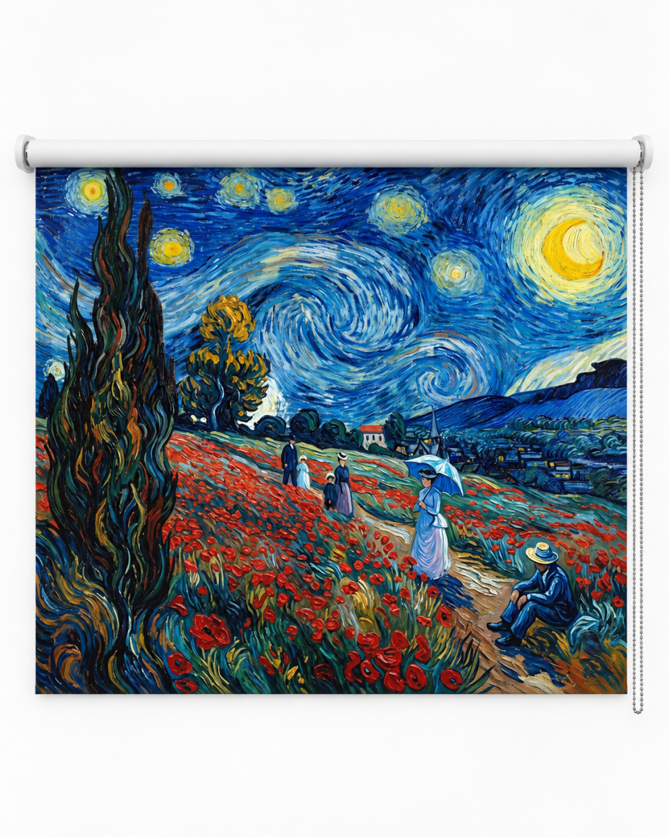Monet × Van Gogh — Starry Night in the Poppy Fields Reimagined Printed Picture Roller Blind - RB1524 - Art Fever - Art Fever