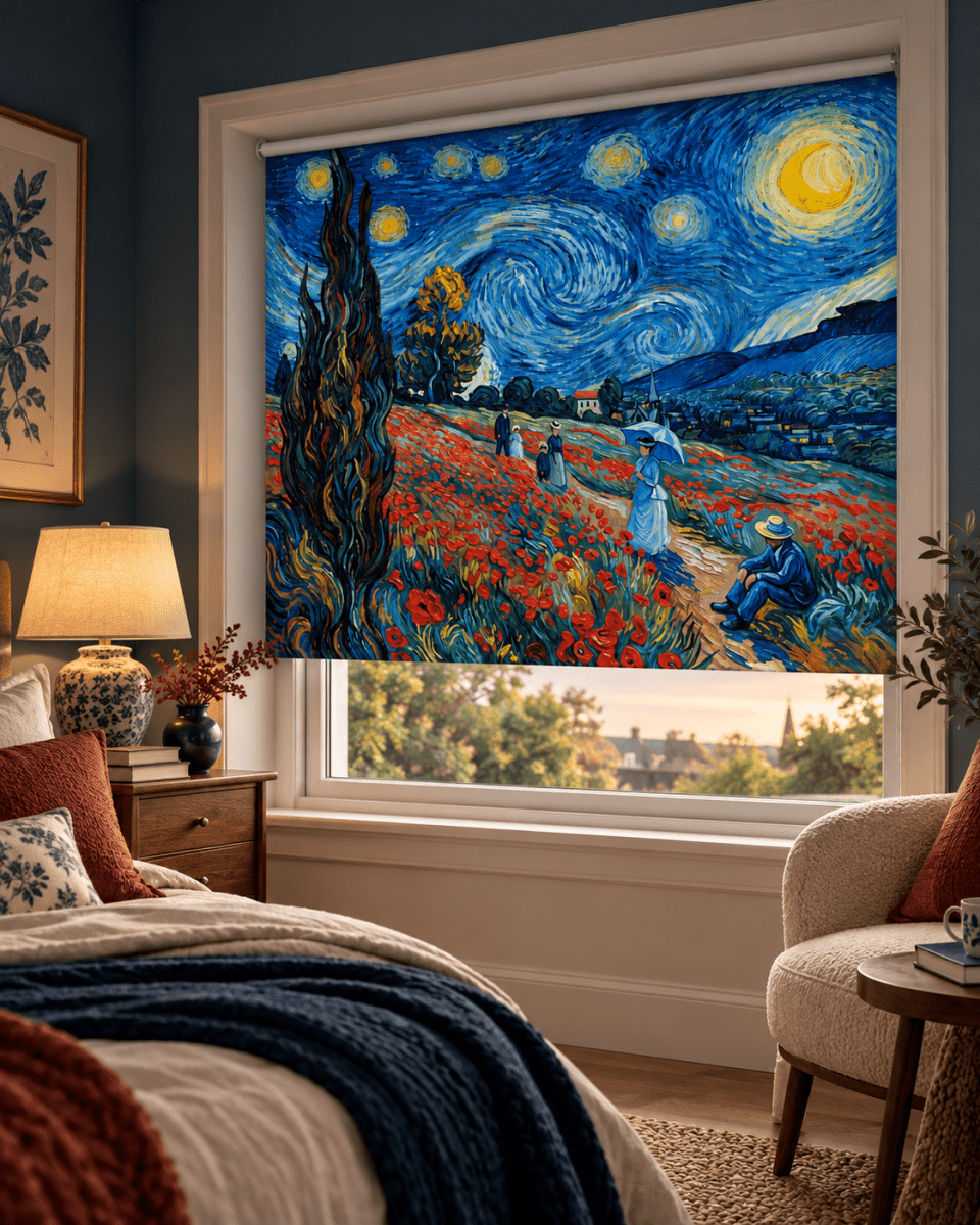 Monet × Van Gogh — Starry Night in the Poppy Fields Reimagined Printed Picture Roller Blind - RB1524 - Art Fever - Art Fever