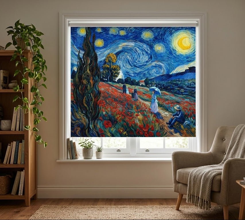Monet × Van Gogh — Starry Night in the Poppy Fields Reimagined Printed Picture Roller Blind - RB1524 - Art Fever - Art Fever