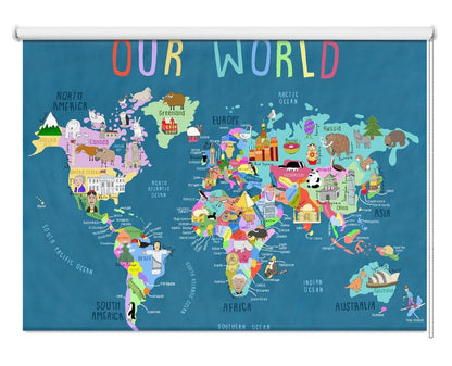 Our World Illustrated World Map for Kids Printed Picture Photo Roller Blind - 1X2890513 - Art Fever - Art Fever