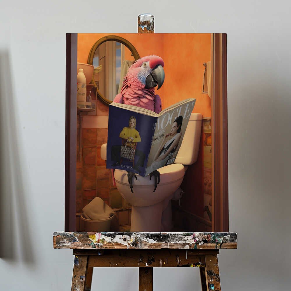 Parrot reading Vogue on the Toilet Canvas Print Wall Art 1X3133789 - ART FEVER - Art Fever
