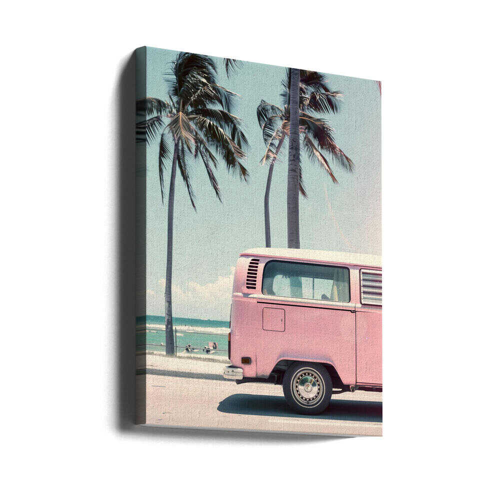 Pink Campervan By the Beach Canvas Print Wall Art 1X2823885 - ART FEVER - Art Fever