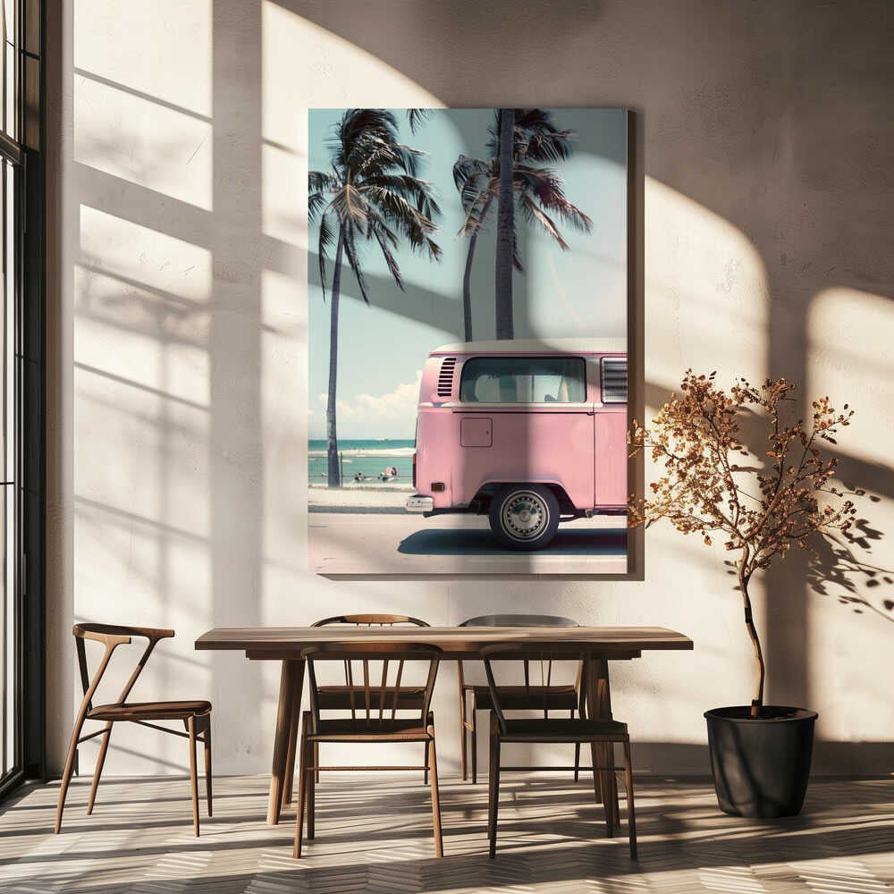 Pink Campervan By the Beach Canvas Print Wall Art 1X2823885 - ART FEVER - Art Fever
