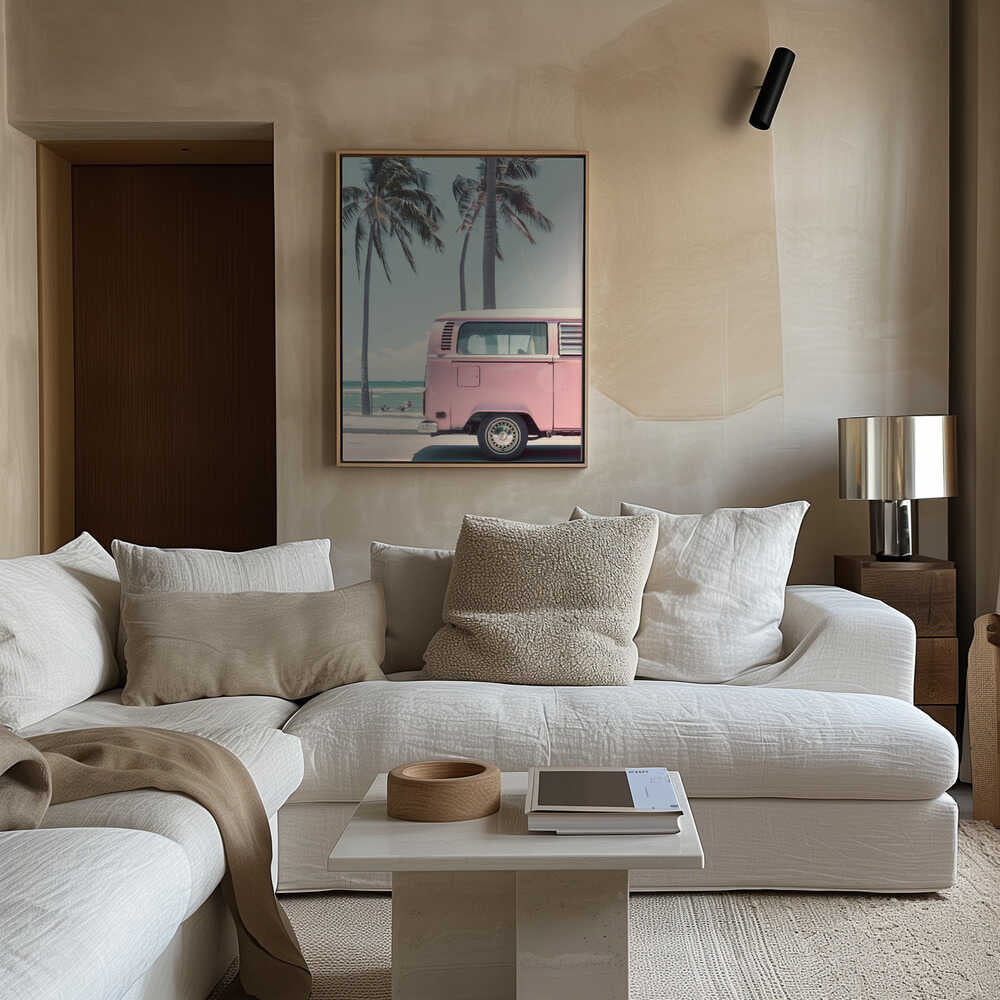 Pink Campervan By the Beach Canvas Print Wall Art 1X2823885 - ART FEVER - Art Fever