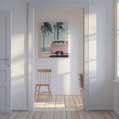 Pink Campervan By the Beach Canvas Print Wall Art 1X2823885 - ART FEVER - Art Fever