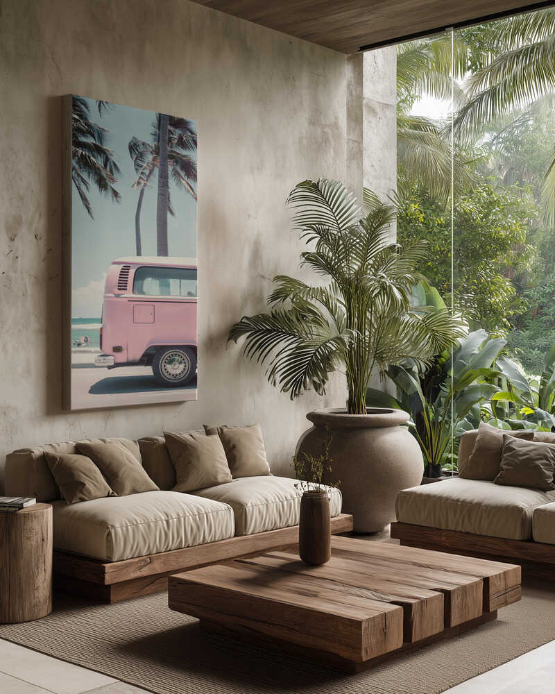 Pink Campervan By the Beach Canvas Print Wall Art 1X2823885 - ART FEVER - Art Fever