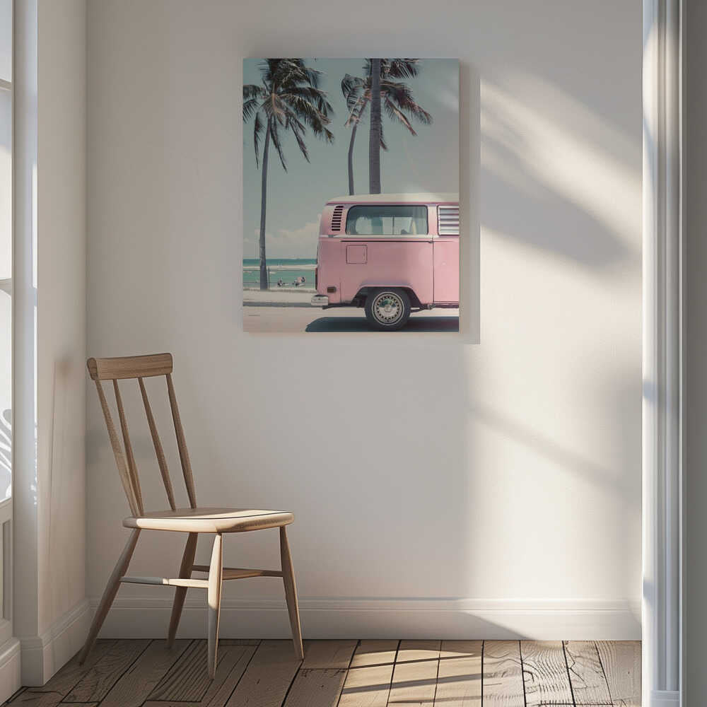 Pink Campervan By the Beach Canvas Print Wall Art 1X2823885 - ART FEVER - Art Fever