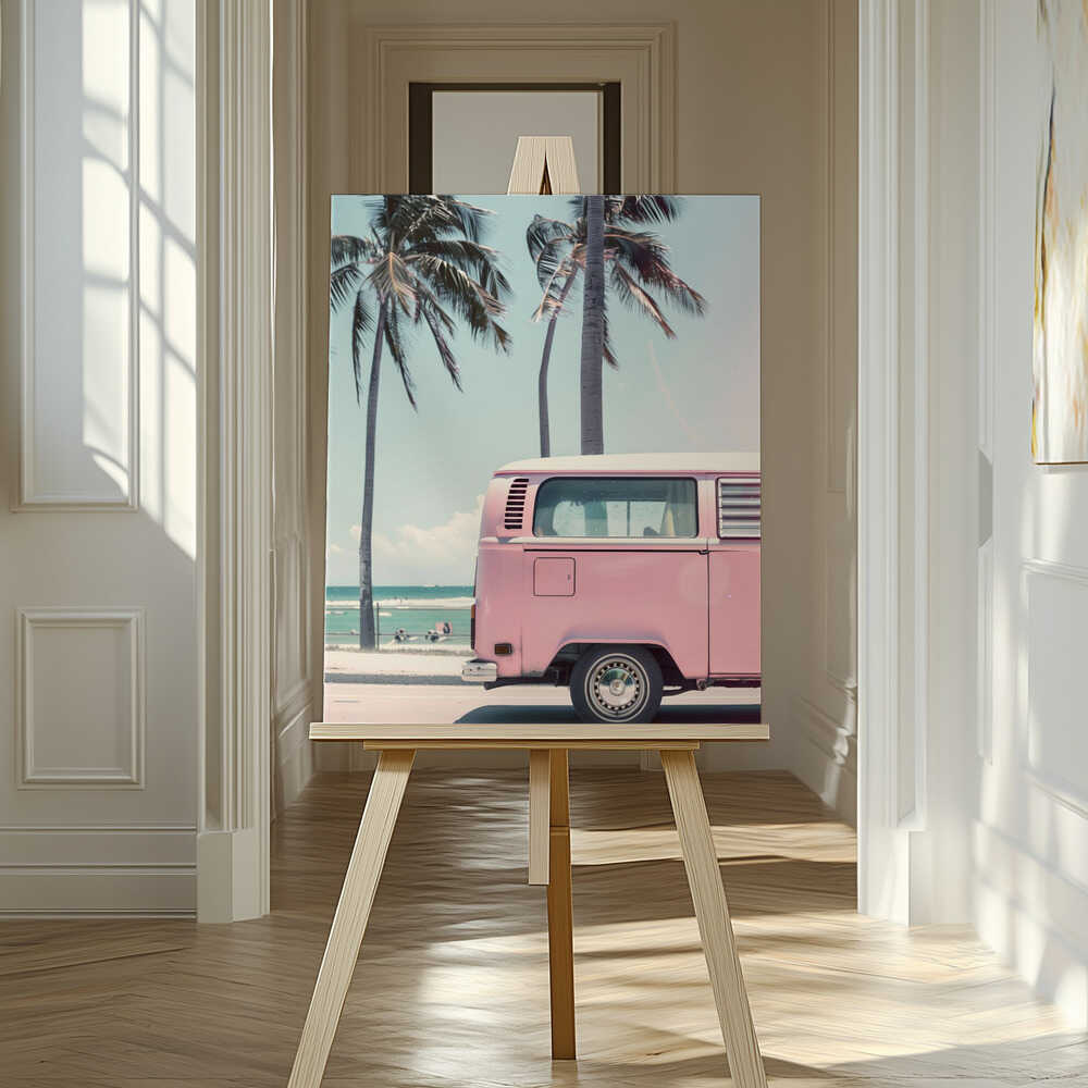 Pink Campervan By the Beach Canvas Print Wall Art 1X2823885 - ART FEVER - Art Fever