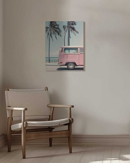 Pink Campervan By the Beach Canvas Print Wall Art 1X2823885 - ART FEVER - Art Fever