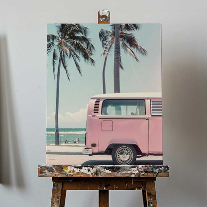 Pink Campervan By the Beach Canvas Print Wall Art 1X2823885 - ART FEVER - Art Fever