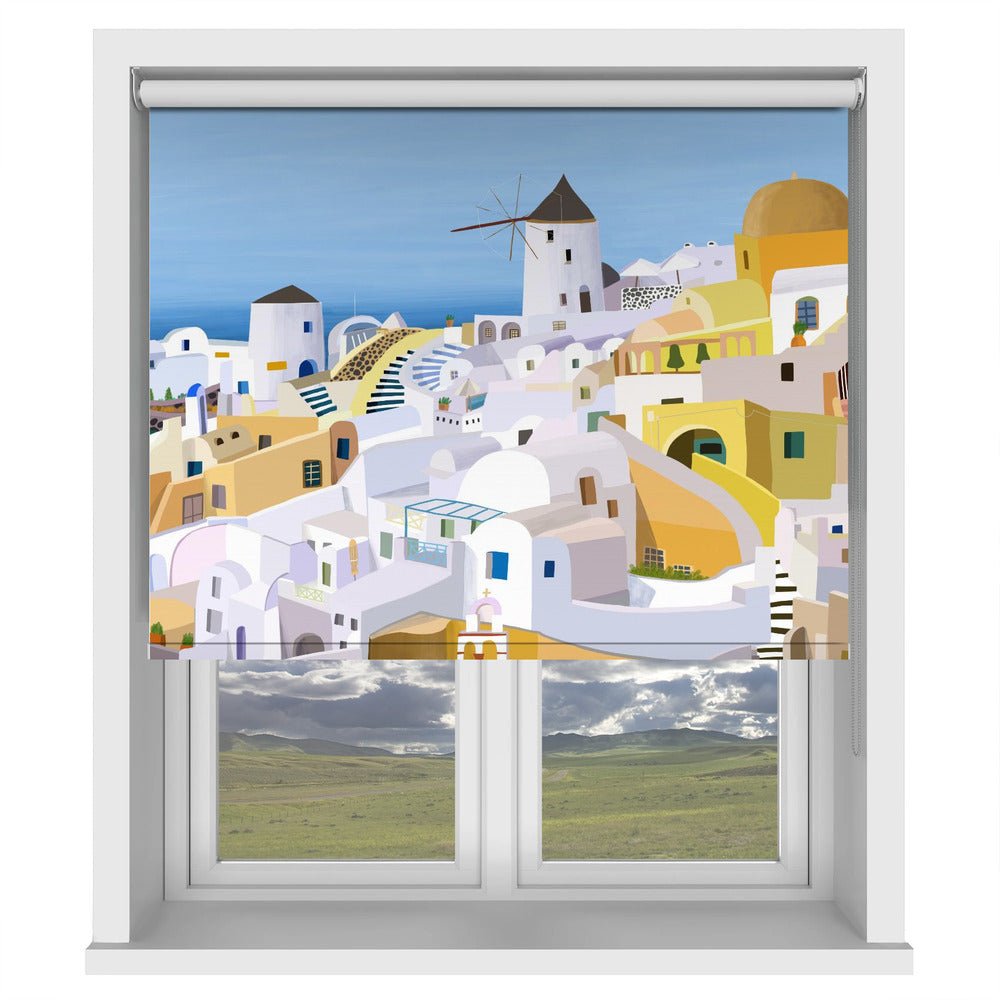 Santorini, Yellow and White Greek Buildings by Artist Carla Daly Printed Picture Photo Roller Blind - 1X2890521 - Art Fever - Art Fever
