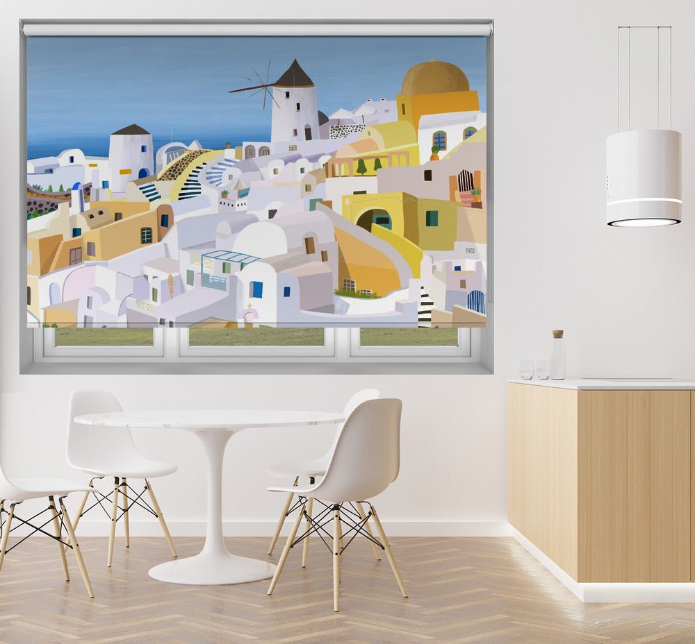 Santorini, Yellow and White Greek Buildings by Artist Carla Daly Printed Picture Photo Roller Blind - 1X2890521 - Art Fever - Art Fever