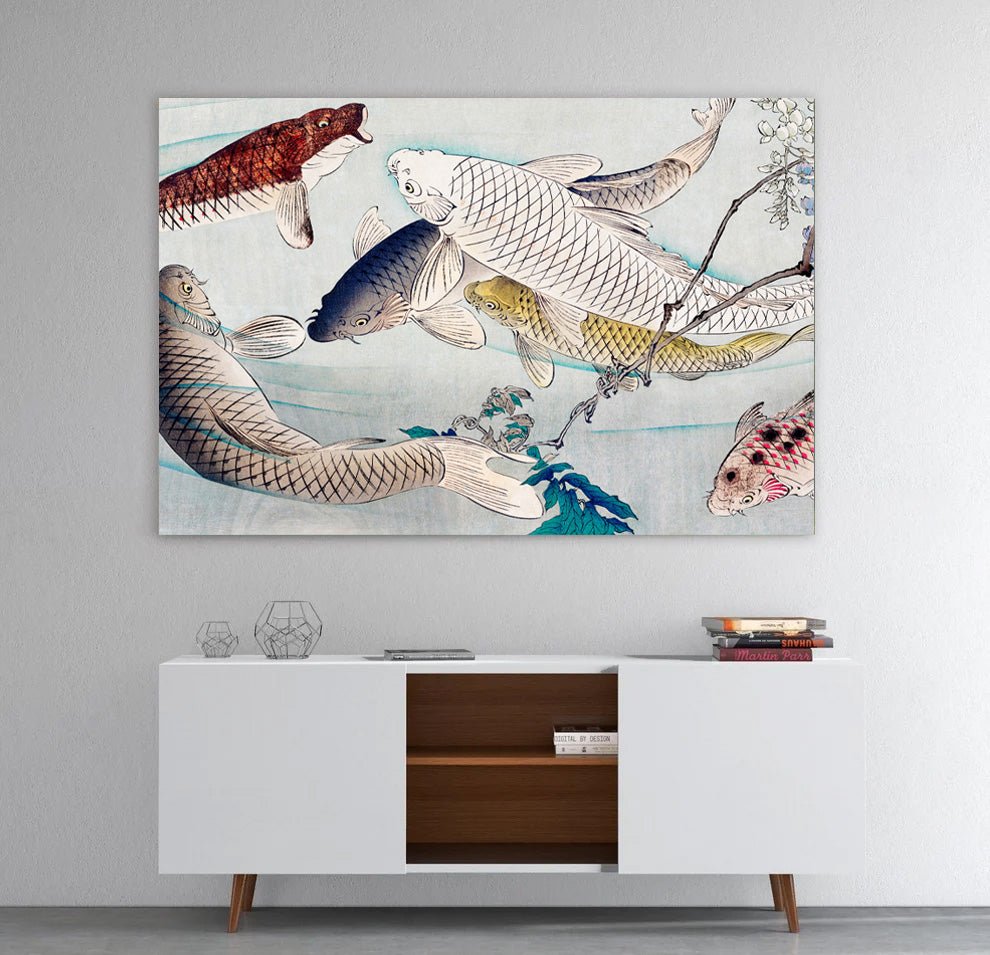 Six carp swimming beneath wisteria (1889) by Tsukioka Yoshitoshi Canvas Print Wall Art - SPC284 - Art Fever - Art Fever