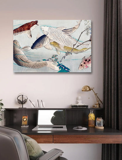 Six carp swimming beneath wisteria (1889) by Tsukioka Yoshitoshi Canvas Print Wall Art - SPC284 - Art Fever - Art Fever