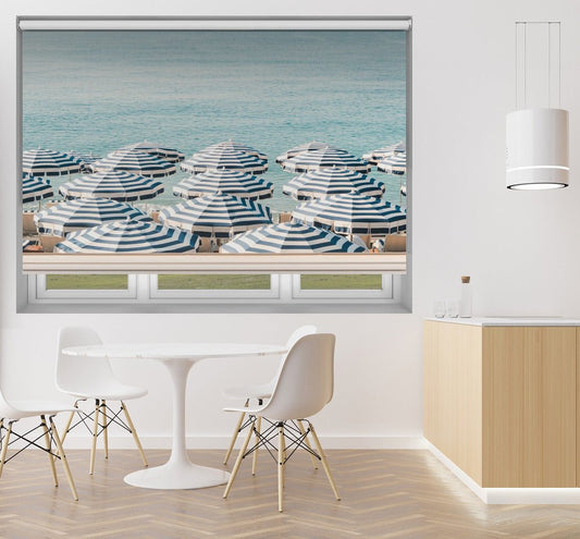 Striped Beach Umbrellas on the Beach Printed Picture Photo Roller Blind - 1X2597122 - Art Fever - Art Fever