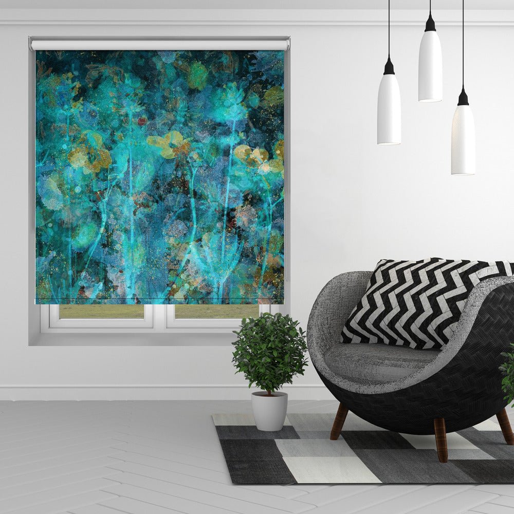 Teal Painterly flowers Printed Picture Photo Roller Blind - 1X2047854 - Art Fever - Art Fever