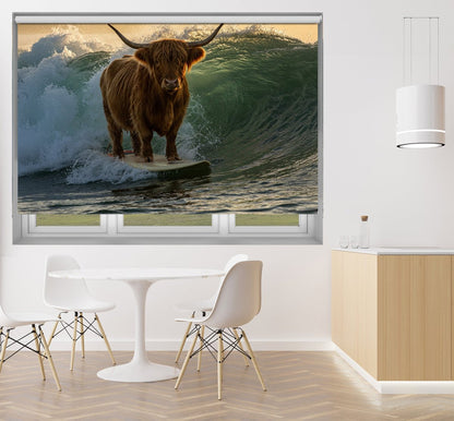 The Surfing Highland Cow Printed Picture Photo Roller Blind - RB1397 - Art Fever - Art Fever