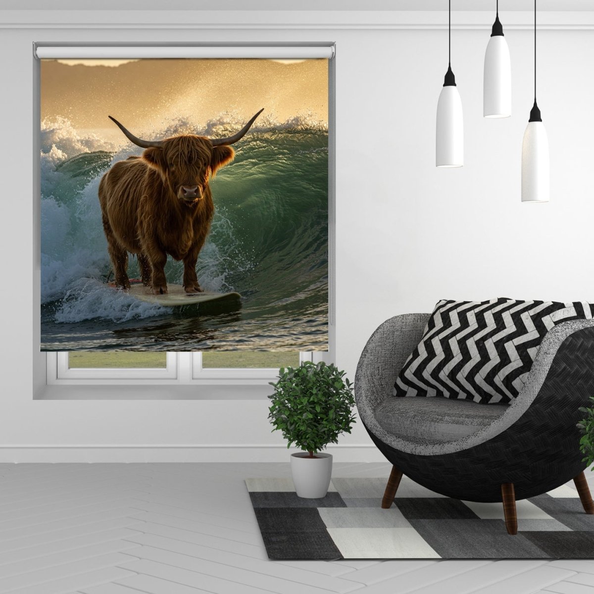 The Surfing Highland Cow Printed Picture Photo Roller Blind - RB1397 - Art Fever - Art Fever