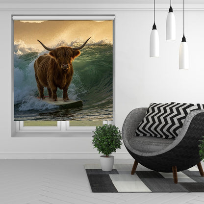 The Surfing Highland Cow Printed Picture Photo Roller Blind - RB1397 - Art Fever - Art Fever