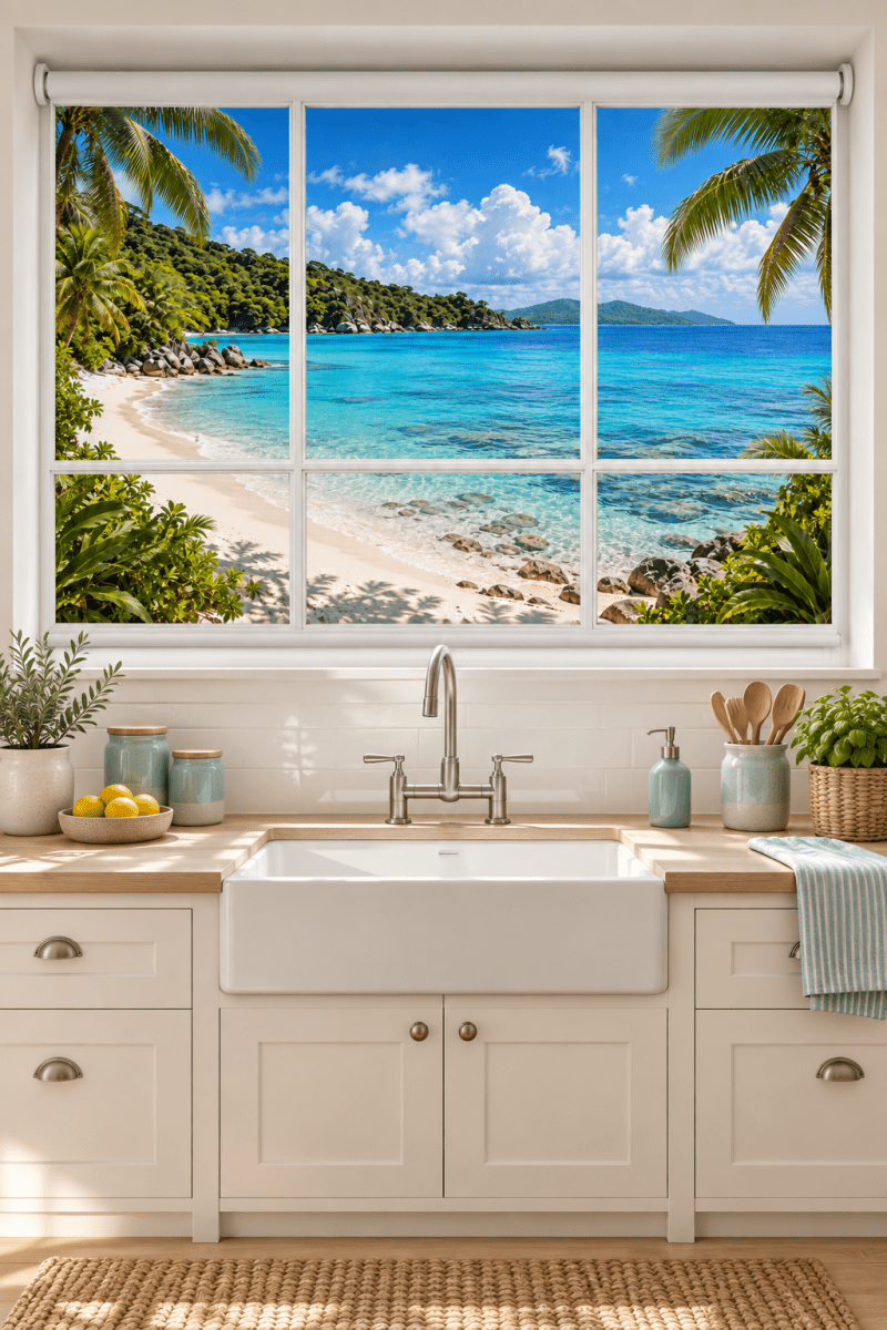 Tropical Island Faux Window View Printed Picture Photo Roller Blind - RB1483 - Art Fever - Art Fever