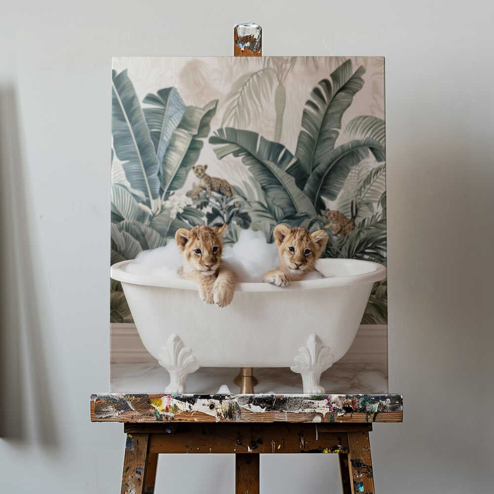 Tropical Lion Bath Canvas Print Wall Art 1X3063037 - ART FEVER - Art Fever