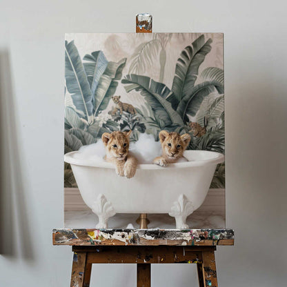 Tropical Lion Bath Canvas Print Wall Art 1X3063037 - ART FEVER - Art Fever