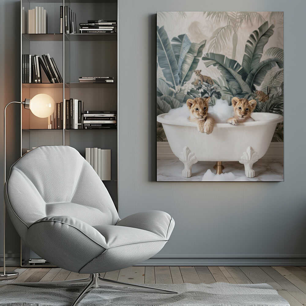 Tropical Lion Bath Canvas Print Wall Art 1X3063037 - ART FEVER - Art Fever