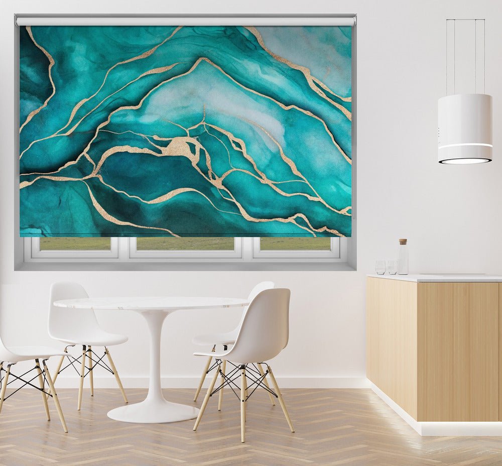 Turquoise Teal Marble Glam Blackout Roller Blinds | Bathroom