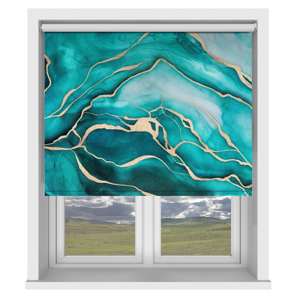 Turquoise Teal Marble Glam Blackout Roller Blinds | Bathroom