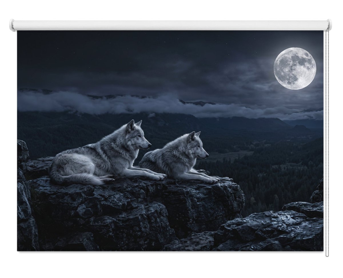 Two Wolves under the Full Moon Printed Picture Photo Roller Blind - RB679 - Art Fever - Art Fever
