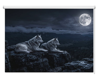 Two Wolves under the Full Moon Printed Picture Photo Roller Blind - RB679 - Art Fever - Art Fever