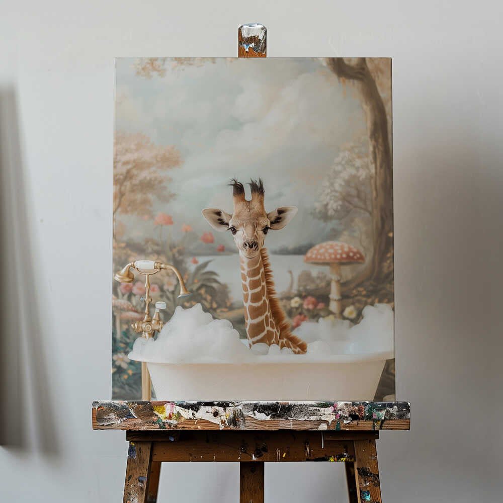 Whimsical Giraffe Soak Canvas Print Wall Art 1X3062958 - ART FEVER - Art Fever