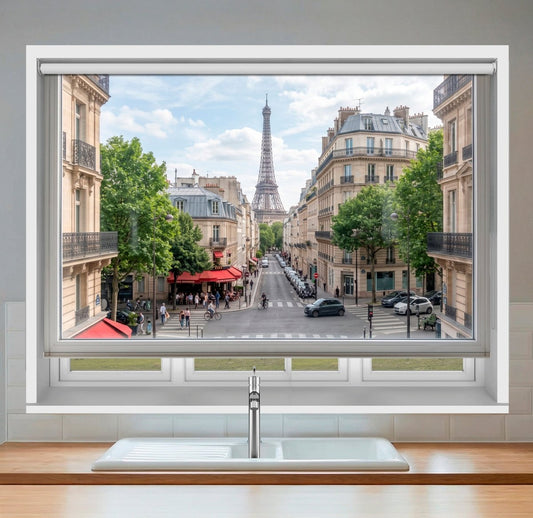 Window View of Parisian Street Scene Printed Picture Photo Roller Blind - RB1479 - Art Fever - Art Fever