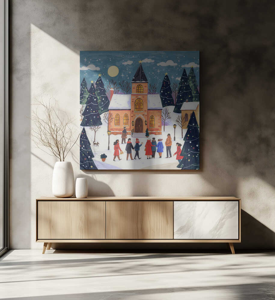 Winter Christmas evening at the church Canvas Print Wall Art 1X3338829 - ART FEVER - Art Fever