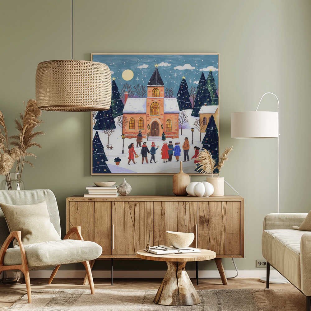 Winter Christmas evening at the church Canvas Print Wall Art 1X3338829 - ART FEVER - Art Fever