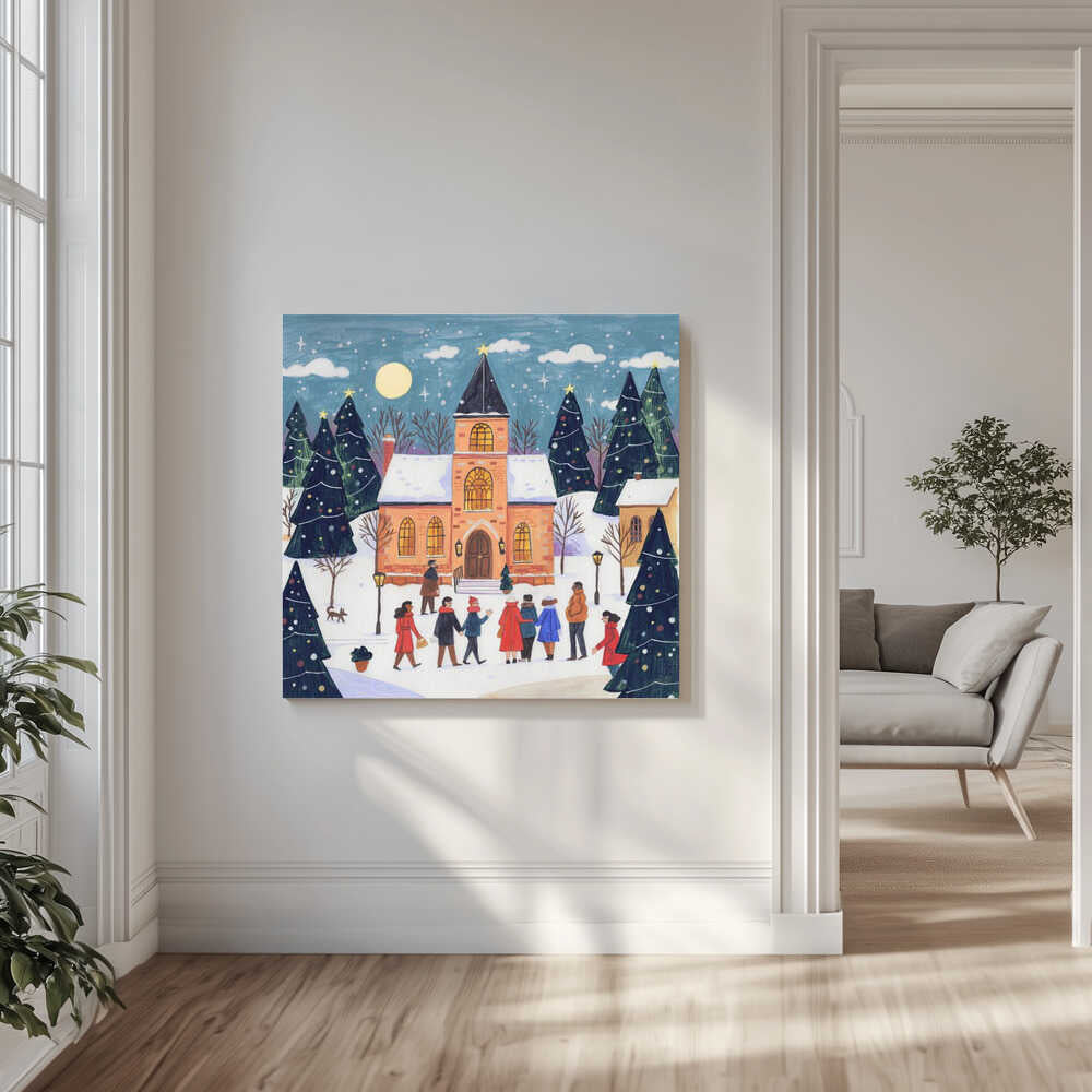 Winter Christmas evening at the church Canvas Print Wall Art 1X3338829 - ART FEVER - Art Fever