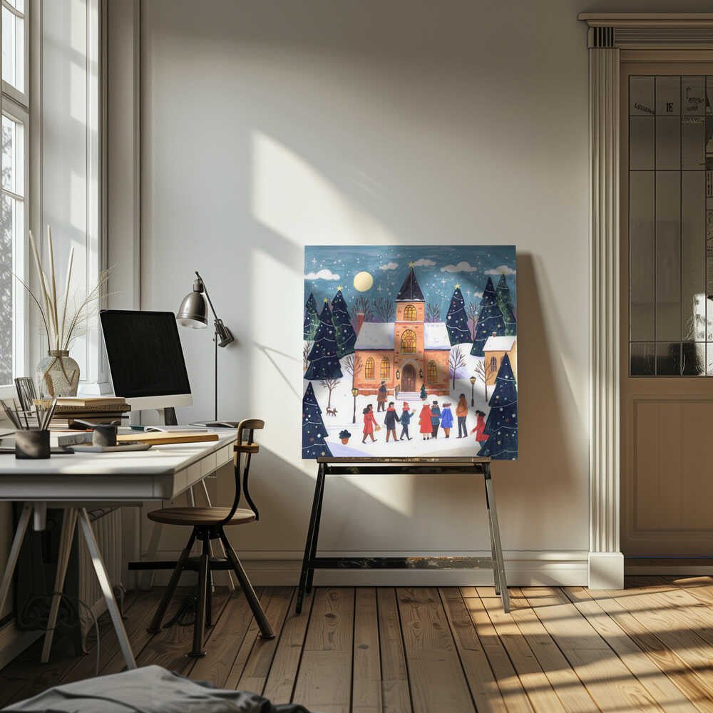 Winter Christmas evening at the church Canvas Print Wall Art 1X3338829 - ART FEVER - Art Fever