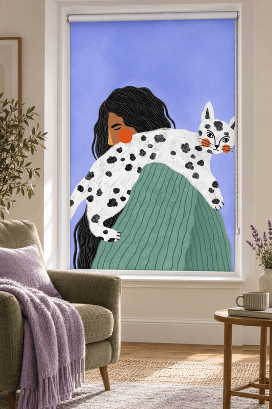 Woman and Spotted Cat Printed Roller Blind - 1X3321411 - Art Fever - Art Fever
