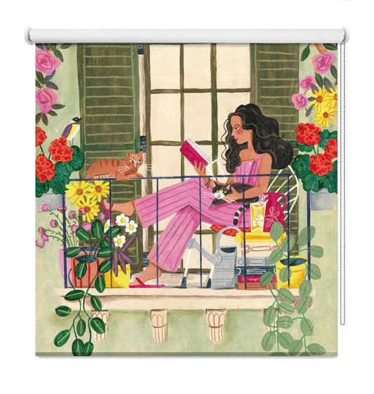 Woman reads on balcony Printed Roller Blind - 1X2663167 - Art Fever - Art Fever