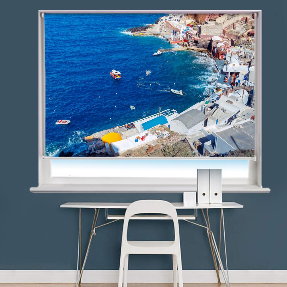 Aerial View Of The Old Harbour of the Village Of Oia On Santorini Bay Printed Photo Picture Roller Blind - RB727 - Art Fever
