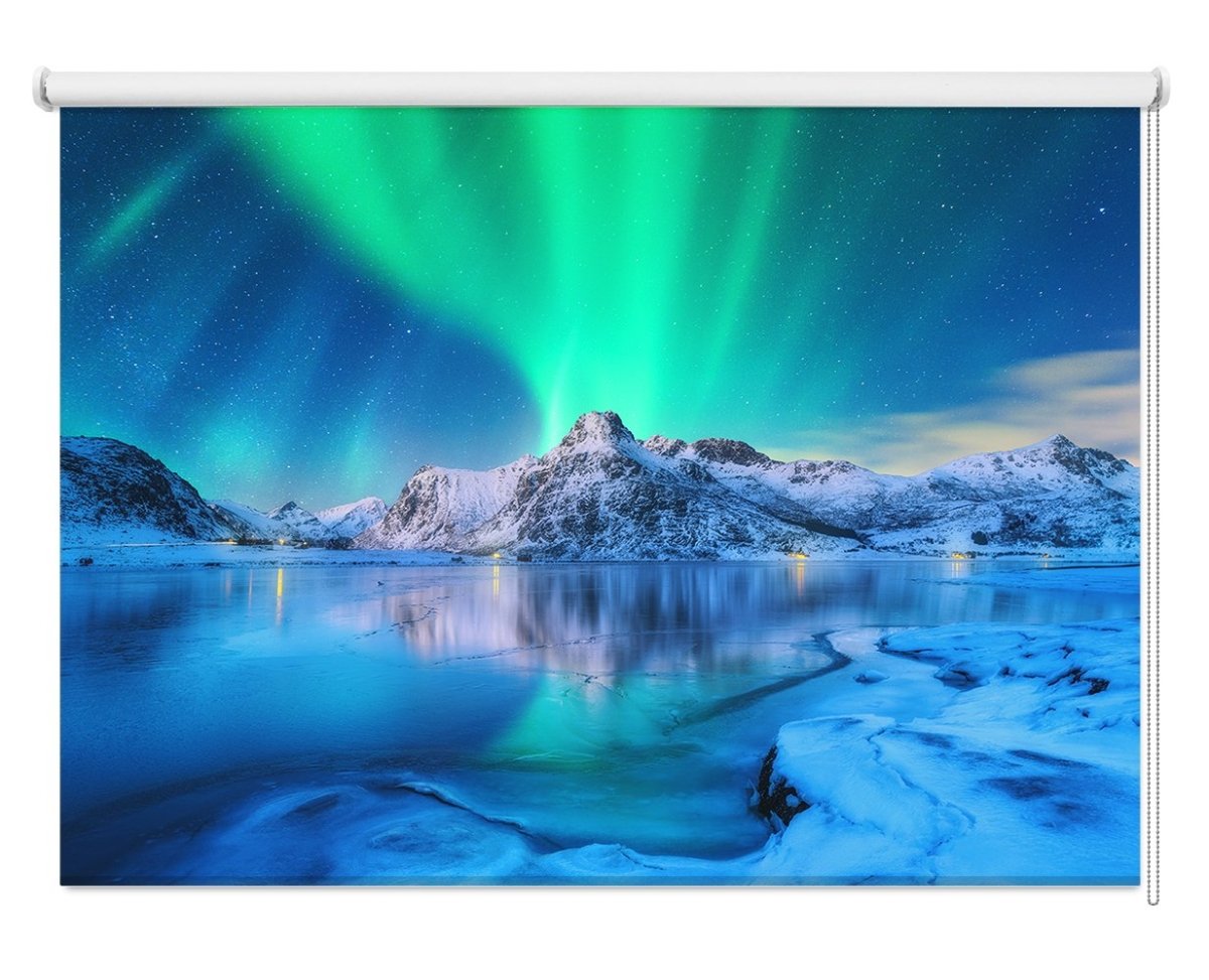 Aurora Borealis Over Snowy Mountains, Frozen Sea Coast And Reflection In Water In Lofoten Islands Printed Picture Photo Roller Blind - RB1151 - Art Fever - Art Fever