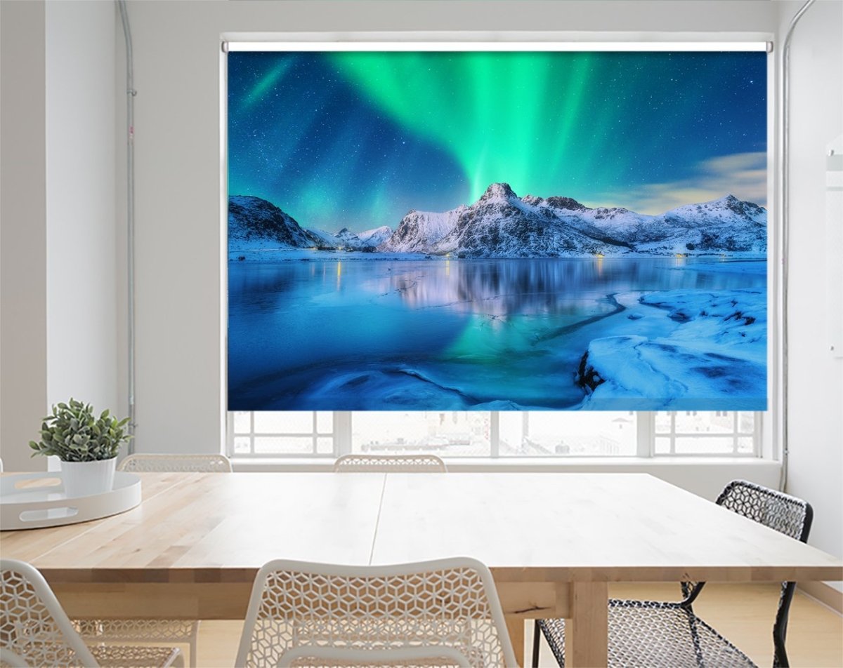 Aurora Borealis Over Snowy Mountains, Frozen Sea Coast And Reflection In Water In Lofoten Islands Printed Picture Photo Roller Blind - RB1151 - Art Fever - Art Fever