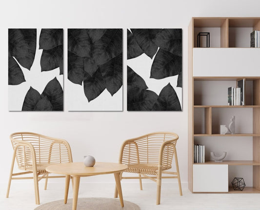Banana Leaf Black & White Floral Set of 3 Canvas Print Wall Art Pictures - 1X2594413 - Art Fever - Art Fever
