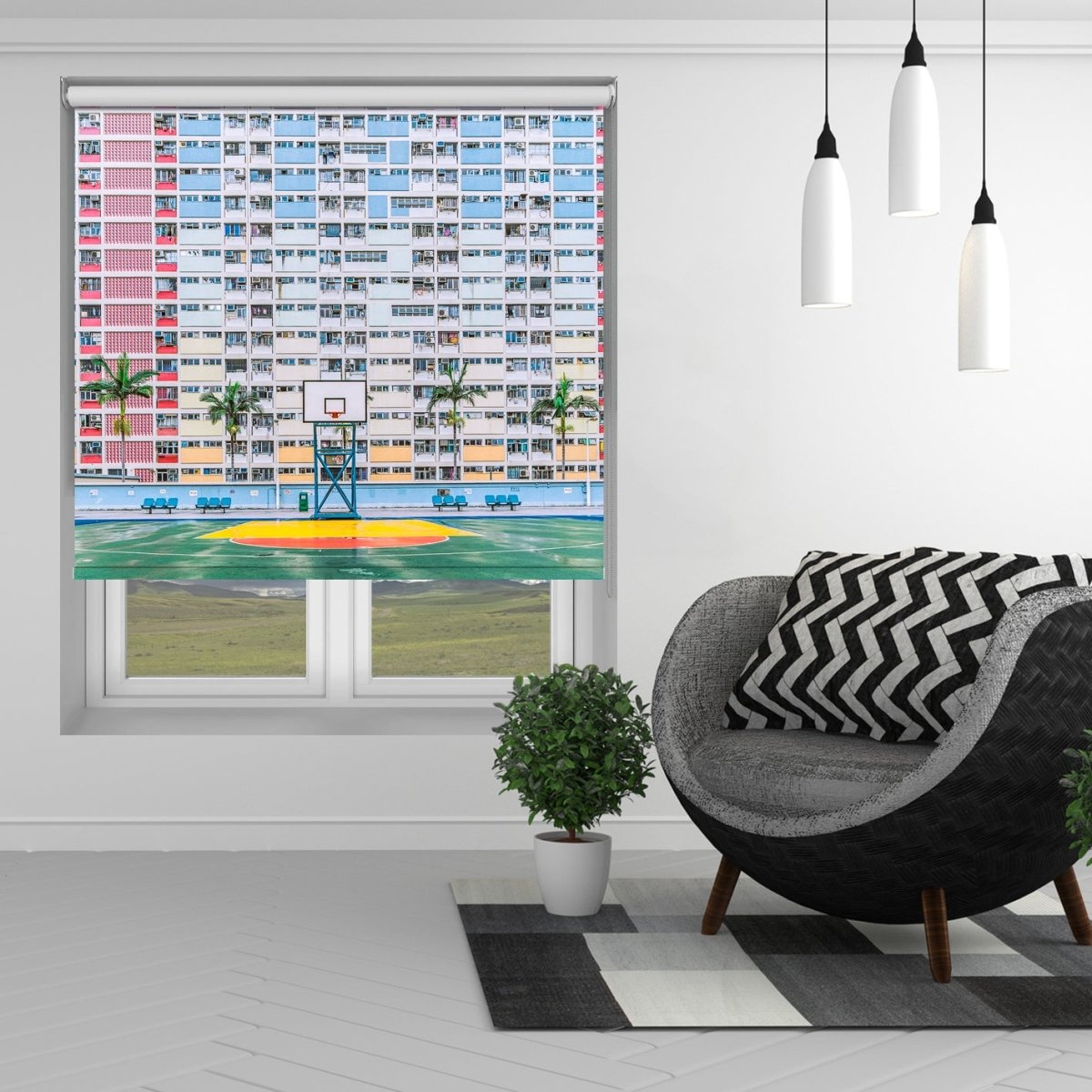 Basketball Court Palm Tree Estate Printed Picture Photo Roller Blind - 1X2240608 - Art Fever - Art Fever