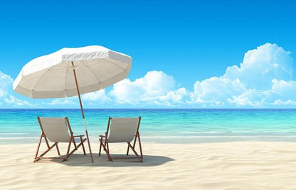 Beach chair and umbrella on sandy beach Printed Photo Picture Roller Blind - RB506 - Art Fever - Art Fever
