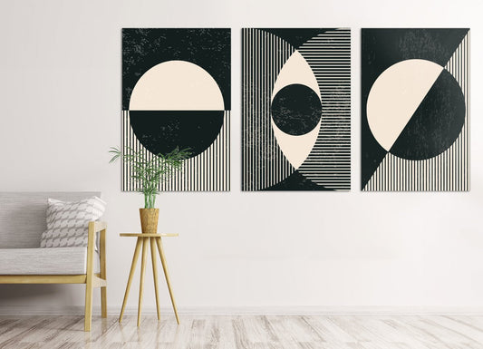 Black and White Geometric Shapes Set of 3 Canvas Print Wall Art Pictures - 1X2499718 - Art Fever - Art Fever